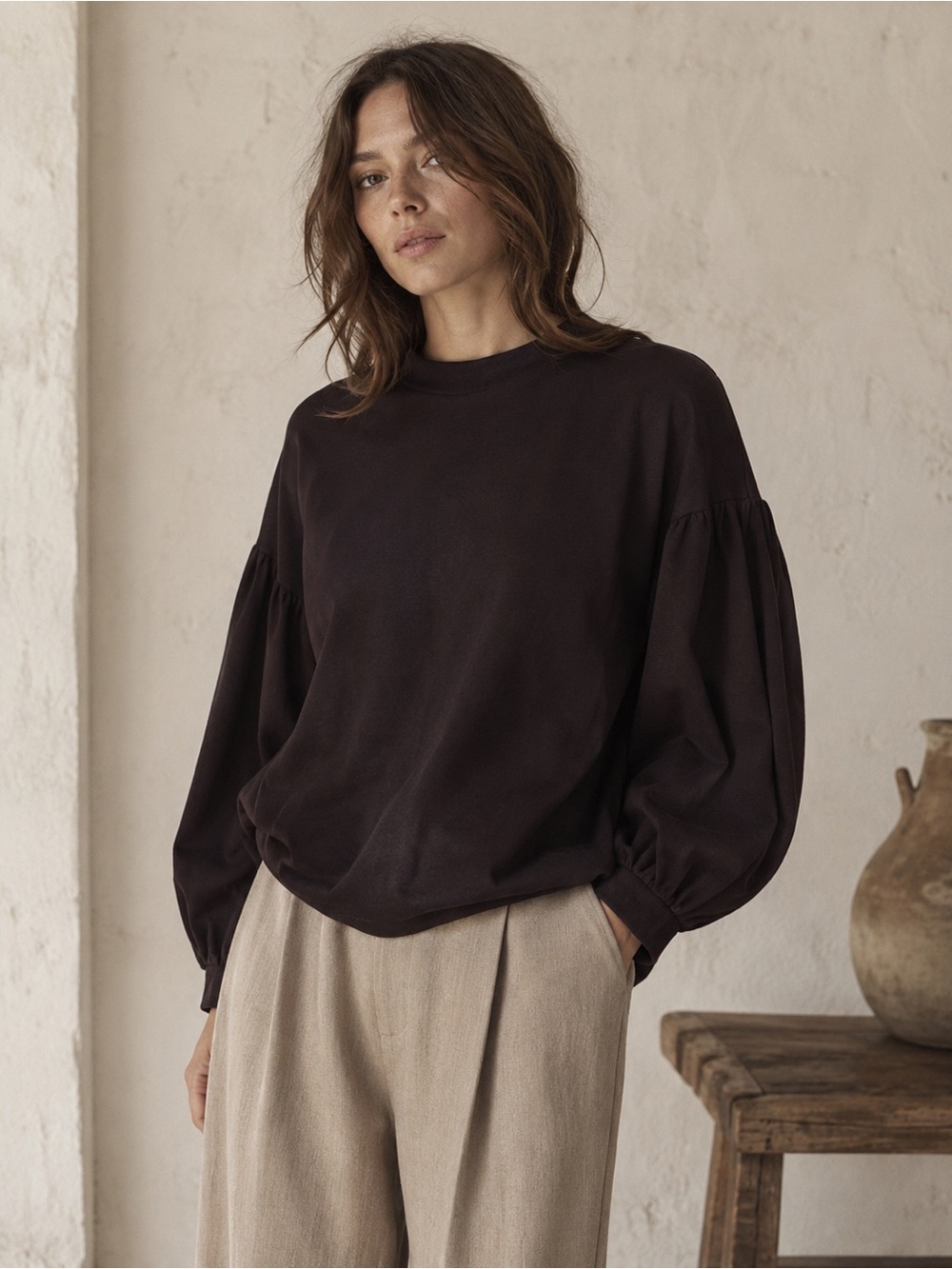 Vestige Story Dark Brown Organic Cotton Blend Balloon Sleeve Sweatshirt One Size